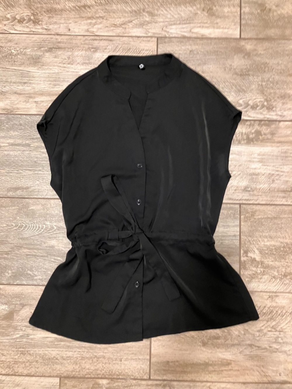 Black Tie-Waist Short Sleeve Blouse